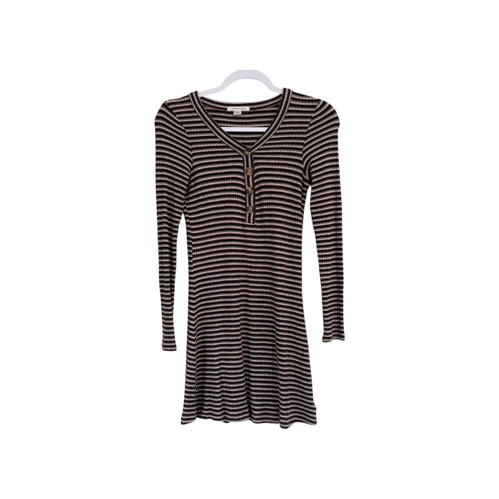 American Eagle Striped Ribbed Mini Dress Long Sleeve‎ Brown Black XS
